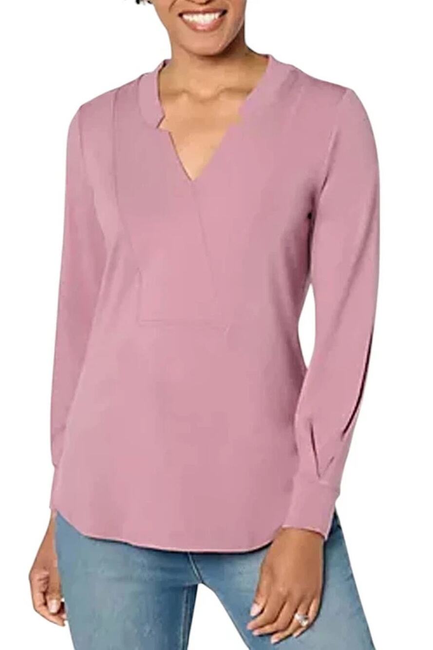 Beautiful By Lawrence Zarian Notched V Neck Long Sleeve Blouse Women Large Mauve
